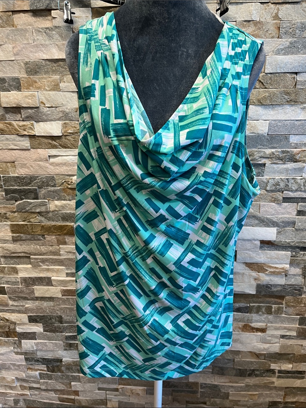 GNW Sleeveless Cowl Neck Top in Teal and Aqua Geometric Print